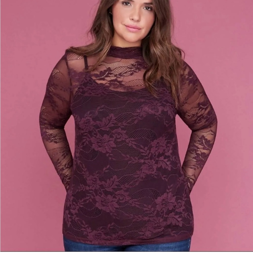 Lane Bryant Woman’s Purple Stretch Lace Long Sleeve Blouse Size 14/16.